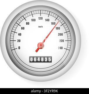 Realistic white speedometer isolated on transparent background. Sport car odometer with motor miles measuring scale. Racing speed counter. Engine powe Stock Vector