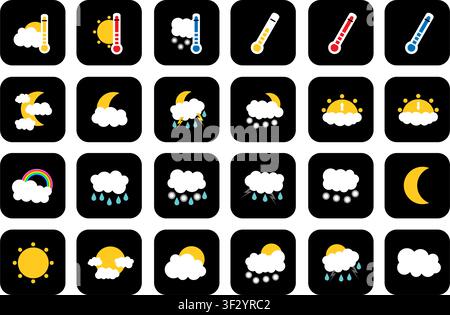 Set of 24 weather square colored flat style black icons isolated on transparent background. Vector PNG Stock Vector