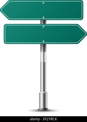 Realistic arrow traffic sign on metal steel pole isolated. Green road panel mockup - direction highway, board text, city location, street arrow, stop, Stock Vector