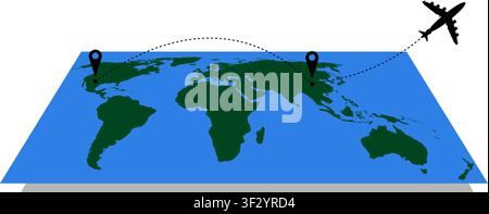Airplane travel concept with GPS points and world colored map isolated on transparent background. Line path icon. Flight start point. Vector PNG Stock Vector
