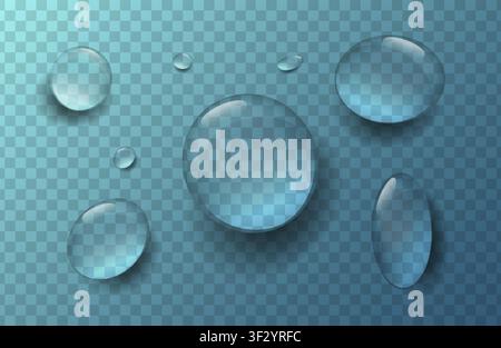 Realistic water drops pack isolated on transparent blue background. Detailed aqua liquid droplets set with glossy 3D effect. High quality vector Illus Stock Vector
