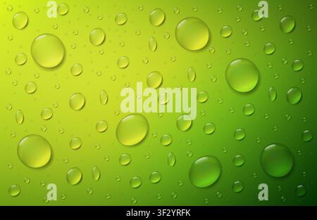 Realistic water drops green ambient background. Detailed aqua liquid droplets with glossy 3D effect. High quality vector Illustration Stock Vector