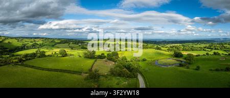 Aerial panorama view of borderlands of Wales with view towards Shropshire Stock Photo
