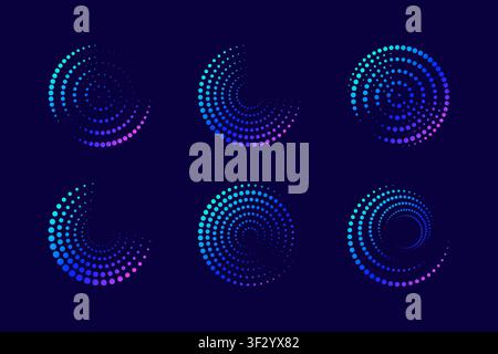 Abstract Halftone Dots Circle Logo Icons Set with Neon Gradient Spiral Radial Pattern for Tech and Data Connection Stock Vector
