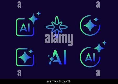 Artificial Intelligence AI Logo Icons Set with Modern Sparkle Stars and Neon Gradient for Tech Branding and UI Stock Vector