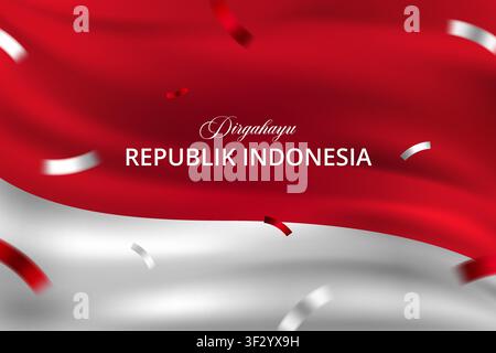 Realistic Waving Indonesian Flag Background Banner with Confetti for Dirgahayu Republik Indonesia Independence Day Celebration Stock Vector