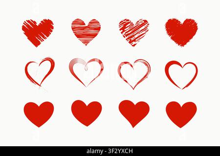 Red Heart Shapes Collection with Hand Drawn Grunge Brush, Line Art, and Solid Flat Vector Icons for Valentine Day and Wedding Design Stock Vector
