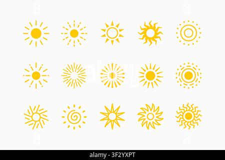 Yellow sun icon set vector illustration isolated on white background. Minimalist sunburst, starburst, and sunshine symbol collection for logo, web app Stock Vector