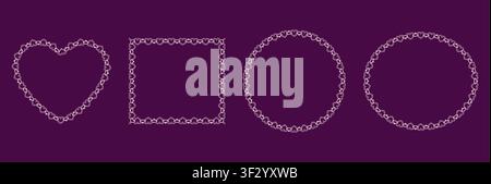 Pink heart chain lace border frames form love motif, square, circle plus oval shapes as delicate romantic trim on deep purple background vector illustration for wedding valentine cards. Stock Vector