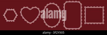 White bold eyelet scallop lace borders outline hexagon, heart, oval, rectangle plus rounded frames on burgundy as classic vintage cutwork trim for wedding invitations or cottagecore craft labels. Stock Vector