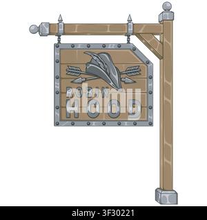 A detailed illustration of an ancient archery shop sign. Vivid colors highlight the wood details bow and engraved arrows evoking an authentic medieval Stock Vector
