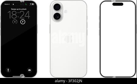 Photorealistic detailed Apple Iphone 17 White mockup. Front and rear view on isolated on transparent background. Vector editorial illustration Stock Vector
