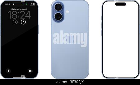 Photorealistic detailed Apple Iphone 17 Mist Blue mockup. Front and rear view on isolated on transparent background. Vector editorial illustration Stock Vector
