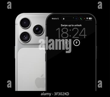Photorealistic detailed Apple Iphone 17 Pro Silver blackground. Front and rear view on isolated on black background. Vector editorial illustration Stock Vector