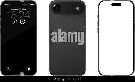 Photorealistic detailed Apple Iphone 17 Air Space Black mockup. Front and rear view on isolated on transparent background. Vector editorial illustrati Stock Vector