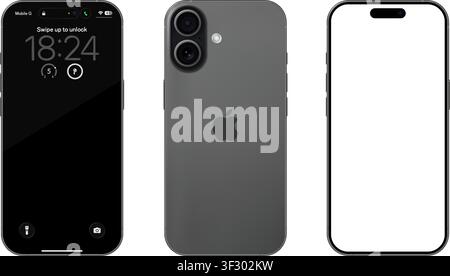 Photorealistic detailed Apple Iphone 17 Black mockup. Front and rear view on isolated on transparent background. Vector editorial illustration Stock Vector