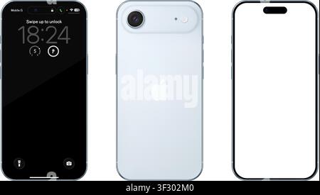 Photorealistic detailed Apple Iphone 17 Air Sky Blue mockup. Front and rear view on isolated on transparent background. Vector editorial illustration Stock Vector