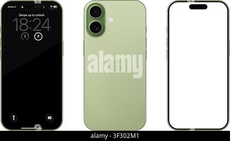 Photorealistic detailed Apple Iphone 17 Sage mockup. Front and rear view on isolated on transparent background. Vector editorial illustration Stock Vector