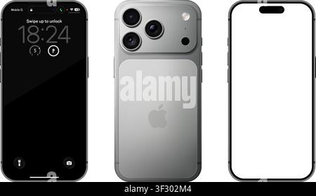 Photorealistic detailed Apple Iphone 17 Pro Silver mockup. Front and rear view on isolated on transparent background. Vector editorial illustration Stock Vector