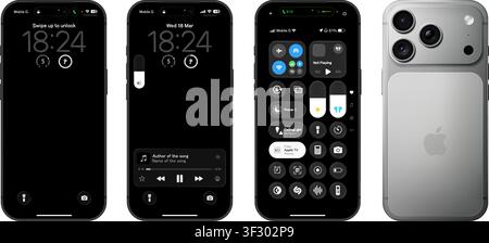 Photorealistic detailed Apple Iphone 17 Pro Max Silver basic IU mockup isolated. iOS 26, liquid grass 2026 full template design. Vector editorial illu Stock Vector