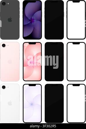 Photorealistic detailed Apple Iphone 17e mockup pack. Front and rear view on isolated on transparent background. Black, white and soft pink. Vector ed Stock Vector