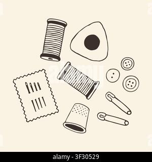 Vector illustration of an essential sewing tool kit including spools, buttons, thimble, pins, and tailor chalk. Hand drawn monochrome line art icon Stock Vector