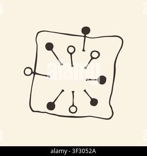 Doodle vector art of a square fabric pincushion filled with various straight sewing pins. Minimalist monochrome outline icon for quilting and Stock Vector