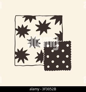 Vector illustration of texturized fabric material samples featuring starburst and polka dot patterns. Hand drawn monochrome line art icon for textile Stock Vector