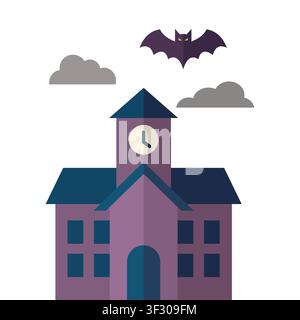 Haunted Mansion with Flying Bat and Clock Tower Flat Illustration Stock Vector