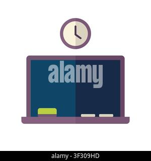 Blackboard with wall clock and chalk flat design illustration Stock Vector