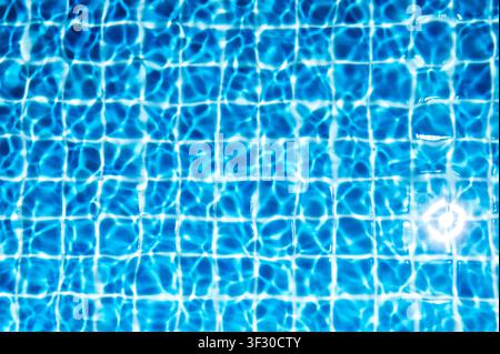 Blurred focus of  clear, rippling turquoise water of a tiled swimming pool. Stock Photo