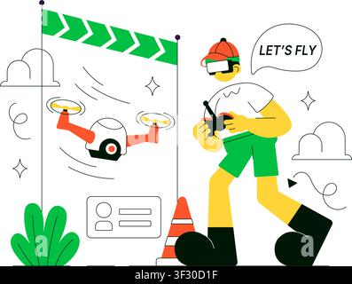 FPV Drone Racing Vector Illustration Featuring First Person View Drone Competition, Remote Control Racing, Flying Technology, and Esports Stock Vector