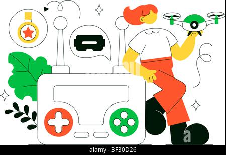 FPV Drone Racing Vector Illustration Featuring First Person View Drone Competition, Remote Control Racing, Flying Technology, and Esports Stock Vector