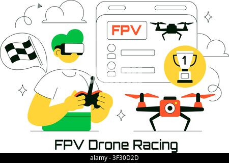 FPV Drone Racing Vector Illustration Featuring First Person View Drone Competition, Remote Control Racing, Flying Technology, and Esports Stock Vector