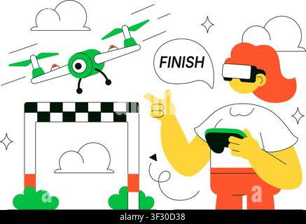 FPV Drone Racing Vector Illustration Featuring First Person View Drone Competition, Remote Control Racing, Flying Technology, and Esports Stock Vector