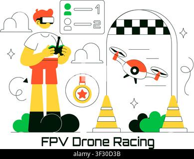 FPV Drone Racing Vector Illustration Featuring First Person View Drone Competition, Remote Control Racing, Flying Technology, and Esports Stock Vector
