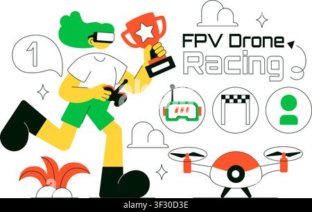 FPV Drone Racing Vector Illustration Featuring First Person View Drone Competition, Remote Control Racing, Flying Technology, and Esports Stock Vector