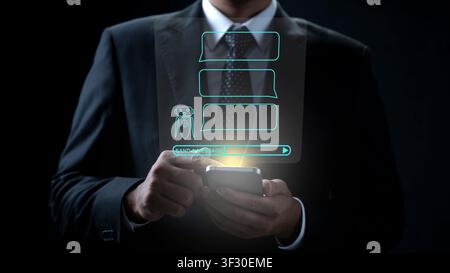 Businessman in a suit interacts with a futuristic AI chatbot interface on a smartphone. Concept for digital assistant, automated customer service, and Stock Photo