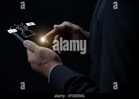 Businessman using a smartphone with a floating AI chatbot icon. Concept of digital customer service, artificial intelligence, virtual assistants, and Stock Photo