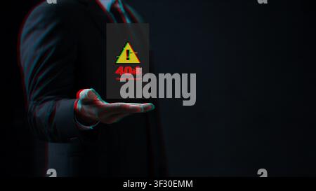A digital conceptual image showing a businessman holding a glitchy 404 error page not found warning. Ideal for technology, cyber security, and website Stock Photo