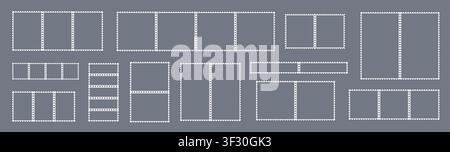 Blank postage stamp set with perforated white edges. Vector kit of rectangular, square, circular and oval frame templates. Mockup sticker elements for Stock Vector