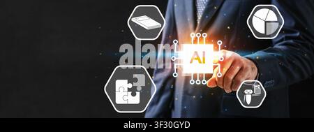 Businessman in suit interacting with a glowing AI processor icon surrounded by digital icons representing data analysis, strategy, learning, and autom Stock Photo