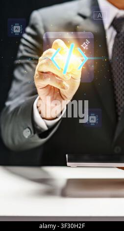 A professional in a suit touches a glowing digital coding icon, representing the use of artificial intelligence in software development and modern tec Stock Photo