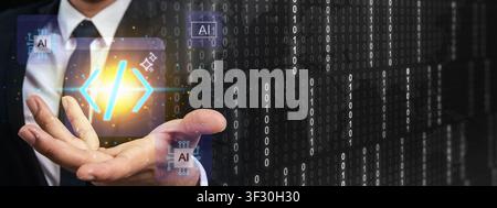 Businessman holding a glowing code symbol with AI icons on a binary background. Concept for artificial intelligence in software development, programmi Stock Photo