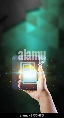 A person holds a smartphone displaying a glowing digital document icon, symbolizing cloud storage, paperless office, and modern business technology on Stock Photo