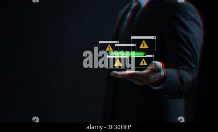 Businessman holding virtual interface with access denied message and system error warning icons, cybersecurity and data protection concept in a glitch Stock Photo