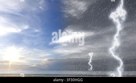 A dramatic composite image showing a split view between a bright sunny sky and a heavy thunderstorm with rain and lightning bolts over a calm sea hori Stock Photo