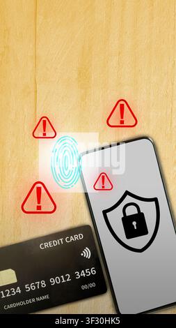 Smartphone with security shield icon, credit card, and digital fingerprint with warning alerts on wood background. Concept of mobile banking security Stock Photo