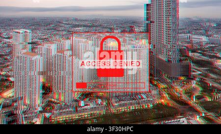 Glitchy urban cityscape background with a red Access Denied message and padlock icon, representing cyber security issues, hacking, and digital restric Stock Photo