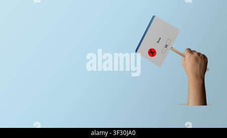 A hand holding up a sign designed like a computer system error pop-up window with an OK button and red cross icon, set against a clean blue background Stock Photo